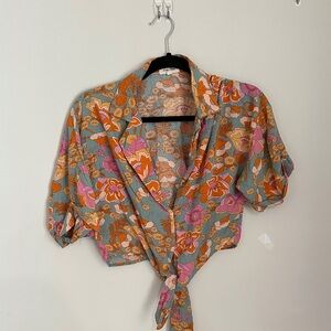 Love Notes Floral Tie-Front Blouse in Teal, Orange & Pink